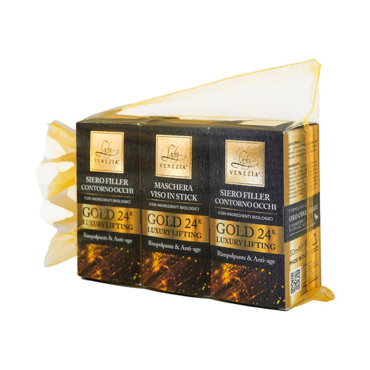 Tris Bellezza 24k Luxury Lifting Idea Regalo -  Siero Viso, Contorno Occhi e Maschera Viso con Elegante Sacchetto Oro